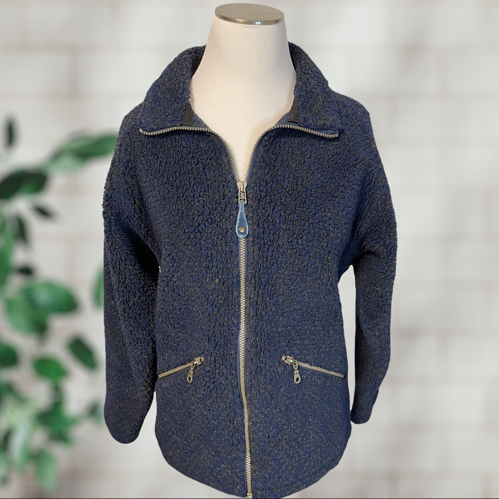Columbia Vintage Navy Blue Fuzzy Zip Up Collared Sporty Jacket Size Small